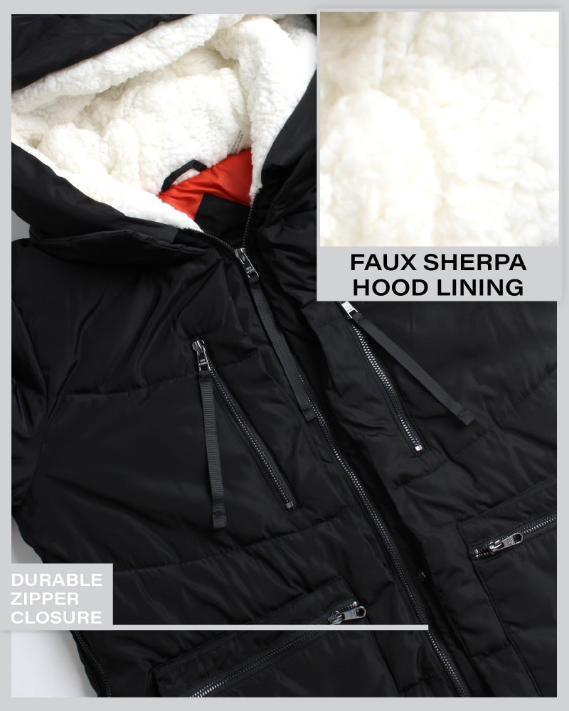 Steve Madden womens Puffer Parka Down Alternative Coat, Black Two, Small US - Image 4